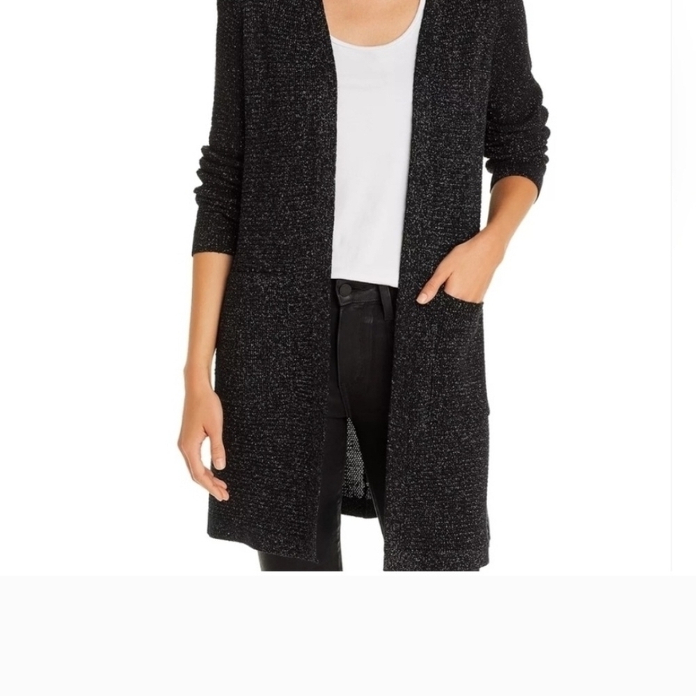 Eileen Fisher Black Extra Fine Merino Wool Metallic Blend Open-Front Cardigan SP